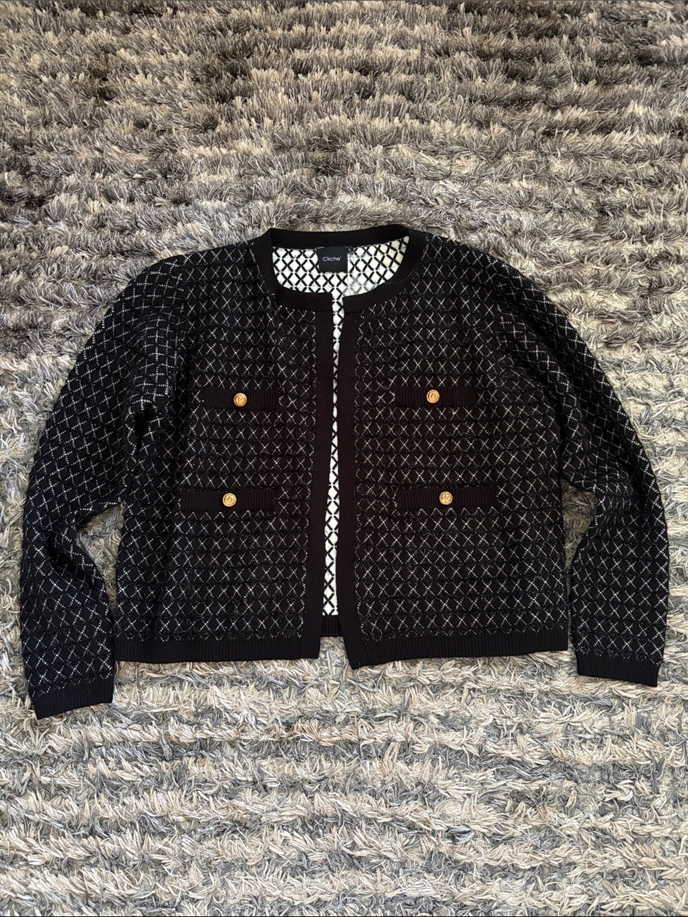 Cliche’s Black & White Wool Blend Blazer with Gold Buttons Size S